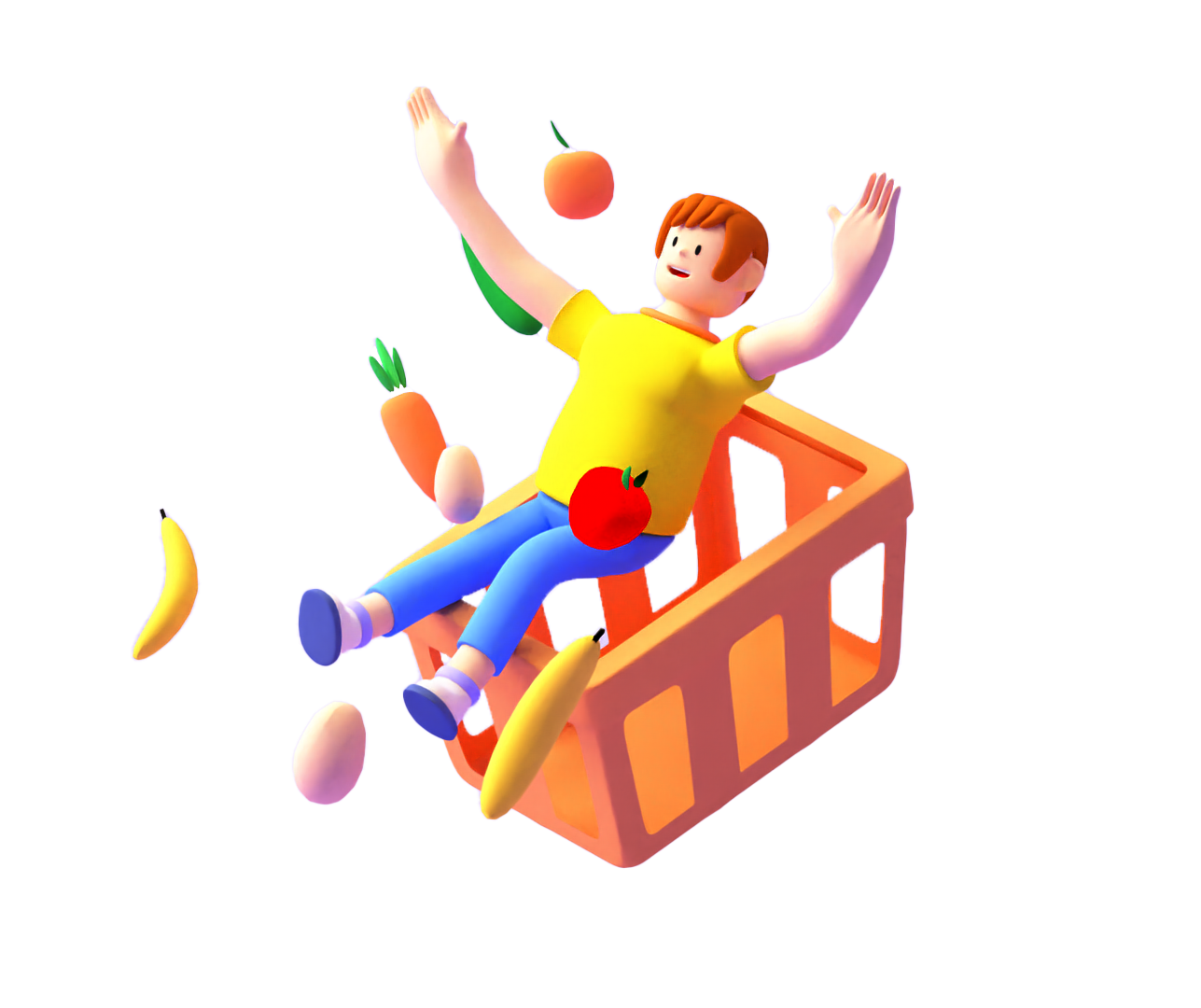 Imagen del modelo 3D de un personaje dentro de una canasta con monton de alimentos